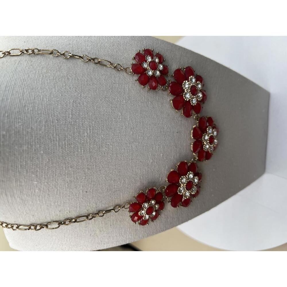 Red Floral Statement Necklace with Rhinestones - Picture 6 of 9